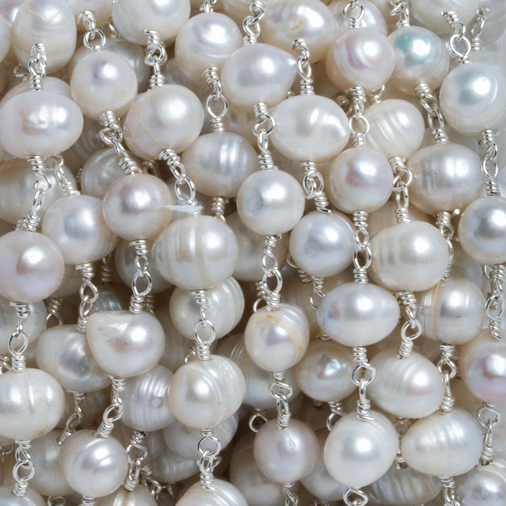 8x6mm White Baroque Pearl Silver Chain 25 beads - The Bead Traders