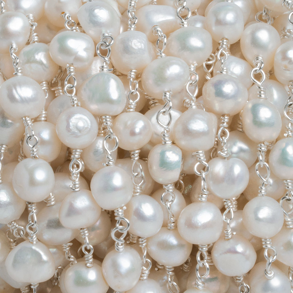 8x7mm White Baroque Pearl Silver Chain 29 beads - The Bead Traders