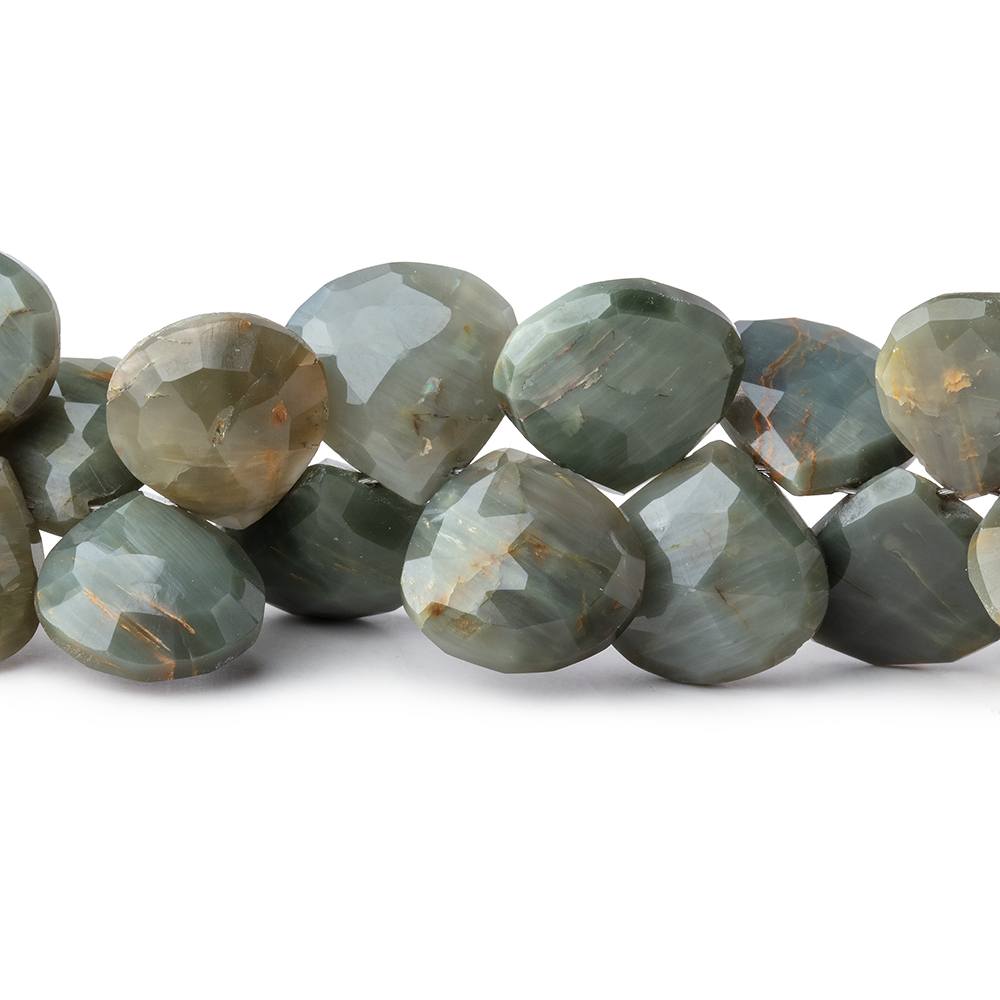 9 - 10mm Green Cat's Eye Quartz Faceted Hearts 8 inch 48 beads - The Bead Traders