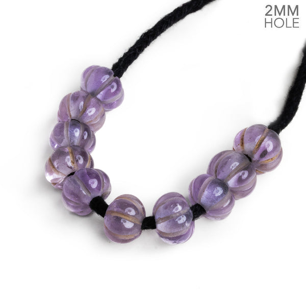 9-11mm Amethyst Carved Melon 2mm Large Hole 10 Beads