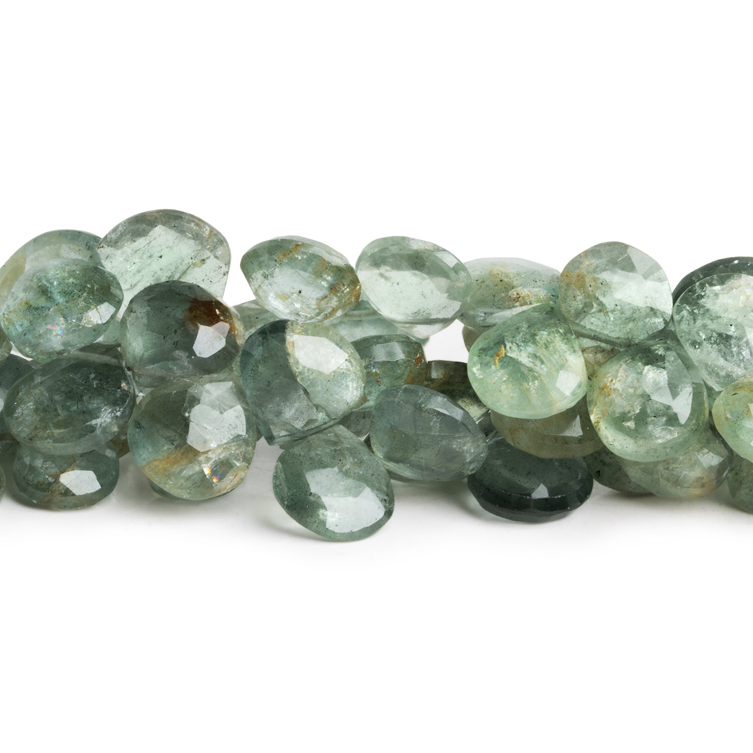 9 - 13mm Moss Aquamarine Faceted Hearts 8 inch 40 beads - The Bead Traders