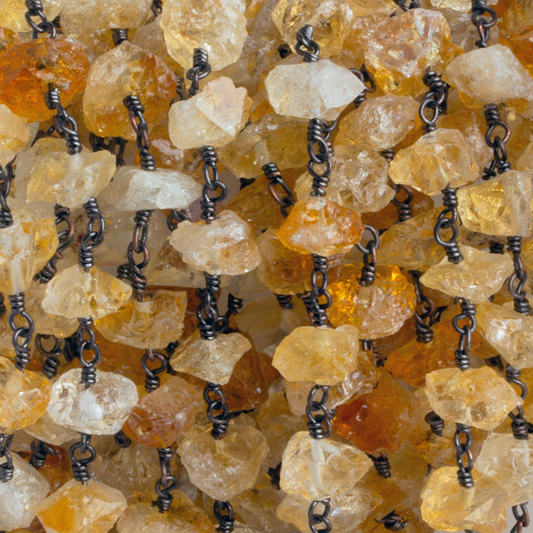 9x5mm Citrine Hammer Faceted Nugget Black Gold Chain 28 beads