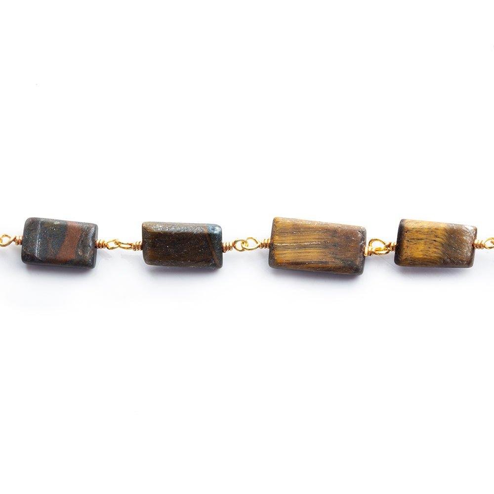 10.5x6mm-14x8mm Tiger's Eye Plain Rectangle Gold plated Chain by the foot 17 pieces - The Bead Traders