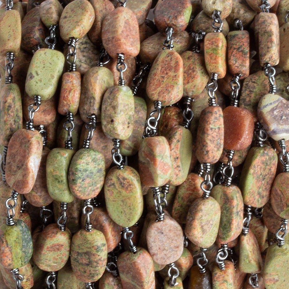 10.5x7mm-12x7.5mm Unakite Plain Oval Black Gold Chain by the Foot 20 pieces - The Bead Traders