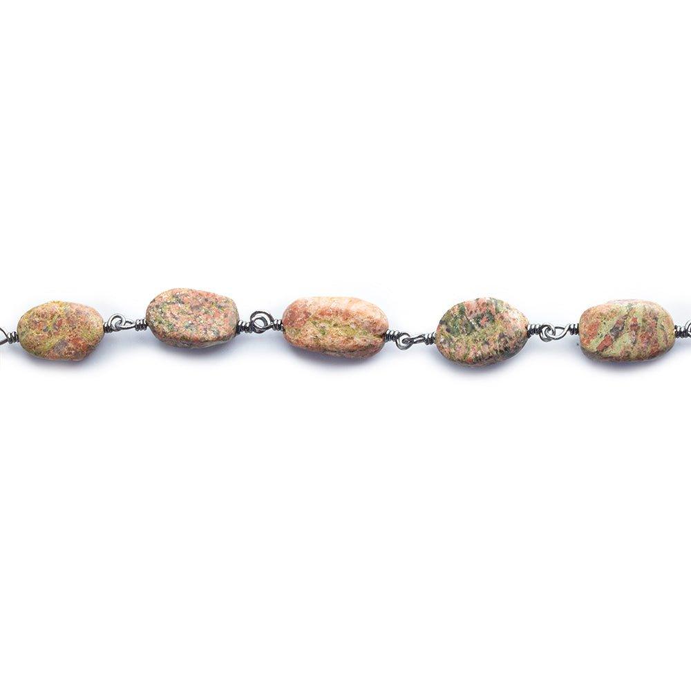 10.5x7mm-12x7.5mm Unakite Plain Oval Black Gold Chain by the Foot 20 pieces - The Bead Traders