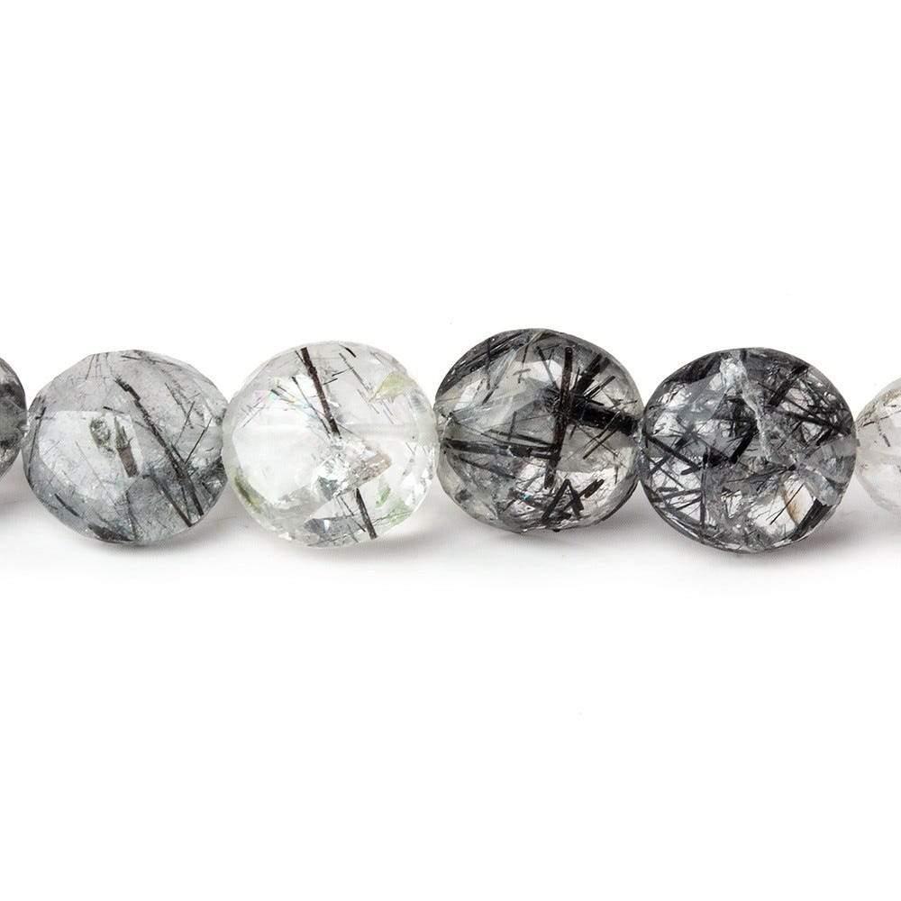 10mm Black Tourmalinated Quartz Faceted Coin 8 inch 22 beads A - The Bead Traders