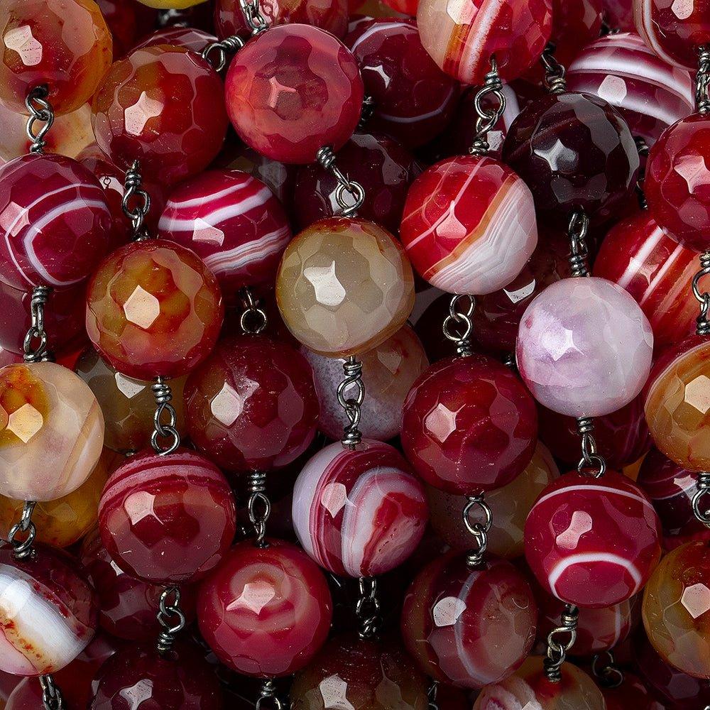 10mm Candy Apple Red Banded Agate faceted round Black Gold plated Chain by the foot - The Bead Traders