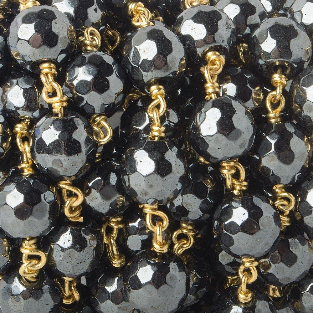 10mm Hematite faceted round Gold plated Chain by the foot 19 pieces - The Bead Traders