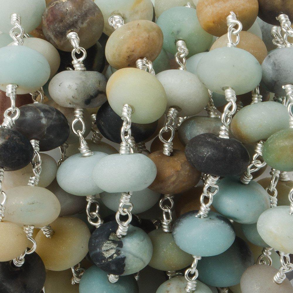 10mm Matte Multi Color Amazonite plain Rondelle Silver plated Chain by the foot 23 pieces - The Bead Traders