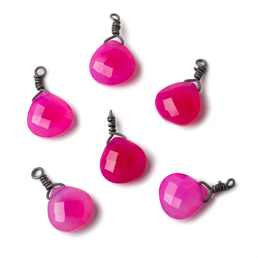 10mm Neon Pink Chalcedony faceted heart Black Gold Wire Wrapped Pendant focal bead 1 piece - The Bead Traders