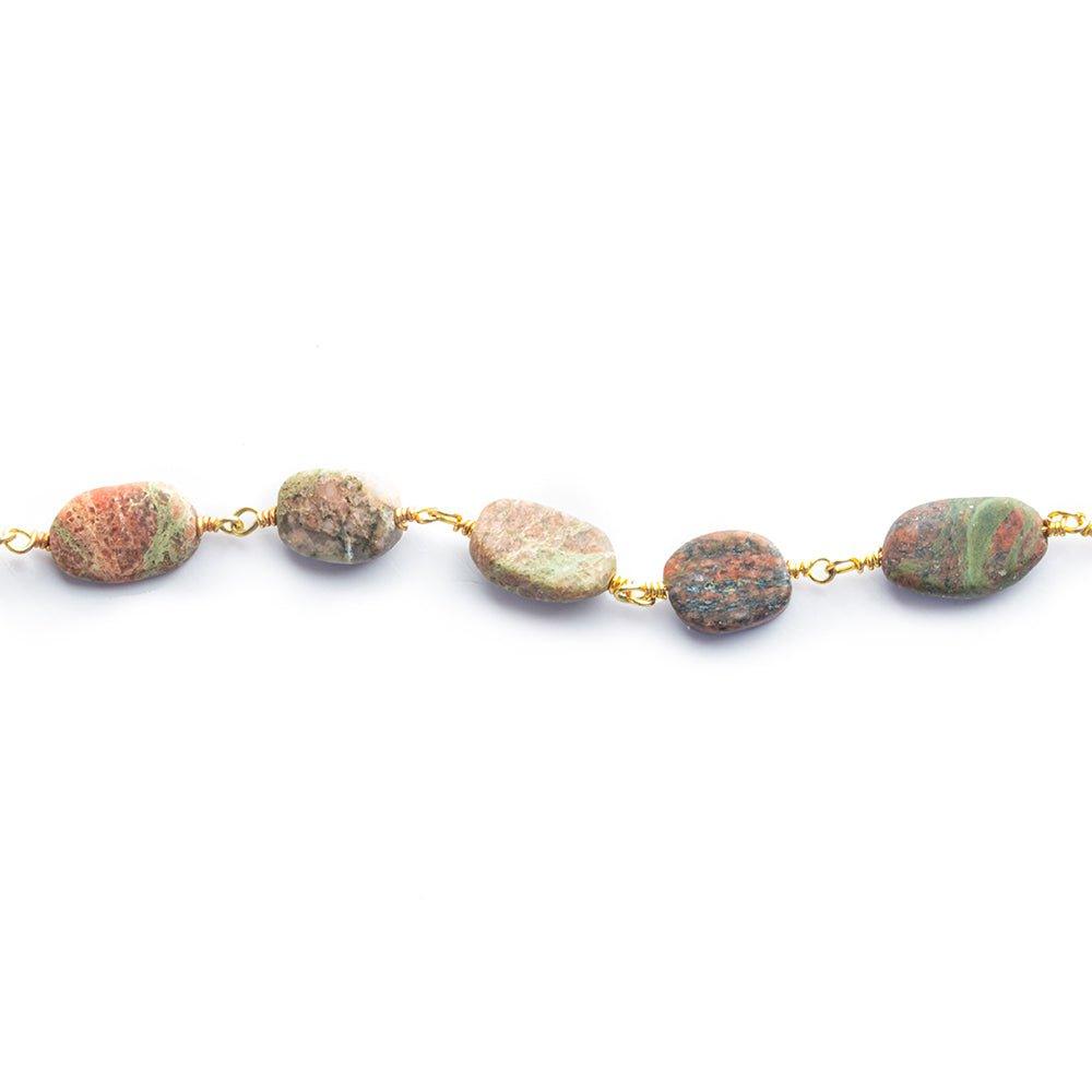 11x7.5mm-14x8mm Unakite Plain Oval Gold Chain by the Foot 18 pieces - The Bead Traders