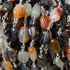 11x8mm MultiColor Agate Carved Leaf Silver Rosary Chain by the foot 17 beads - The Bead Traders