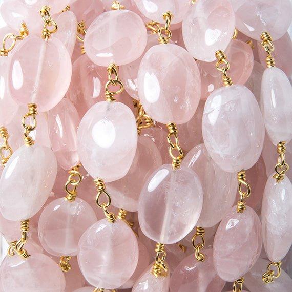 11x9-13x10mm Rose Quartz plain oval Gold Rosary Chain by the foot 15 beads - The Bead Traders