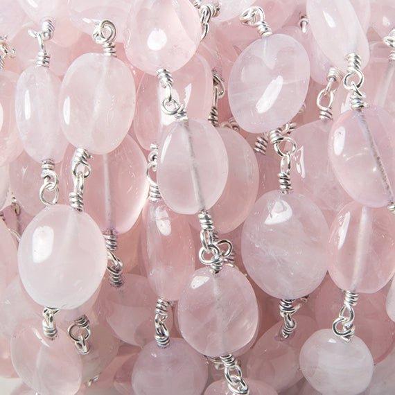 11x9-13x10mm Rose Quartz plain oval Silver Rosary Chain by the foot 17 beads - The Bead Traders
