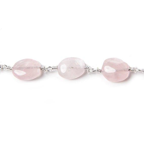 11x9-13x10mm Rose Quartz plain oval Silver Rosary Chain by the foot 17 beads - The Bead Traders