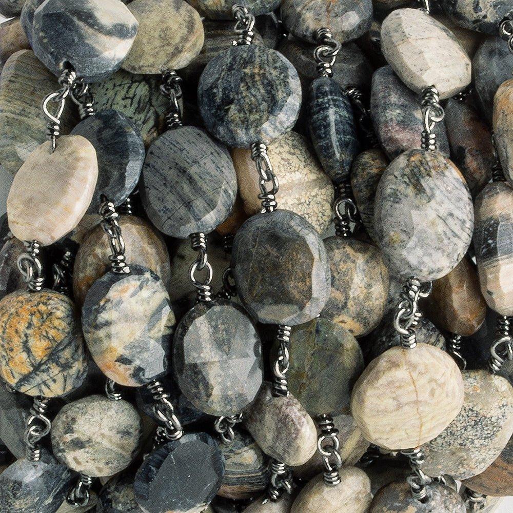 11x9.5mm-13x10.5mm Jasper Faceted Oval Black Gold Chain by the Foot 17 pieces - The Bead Traders