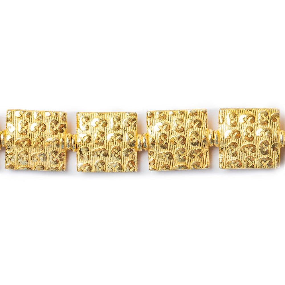 12mm 22kt Gold Plated Copper `3` Embossed Square Beads (Health, Wealth, Happiness), 8 inch - The Bead Traders