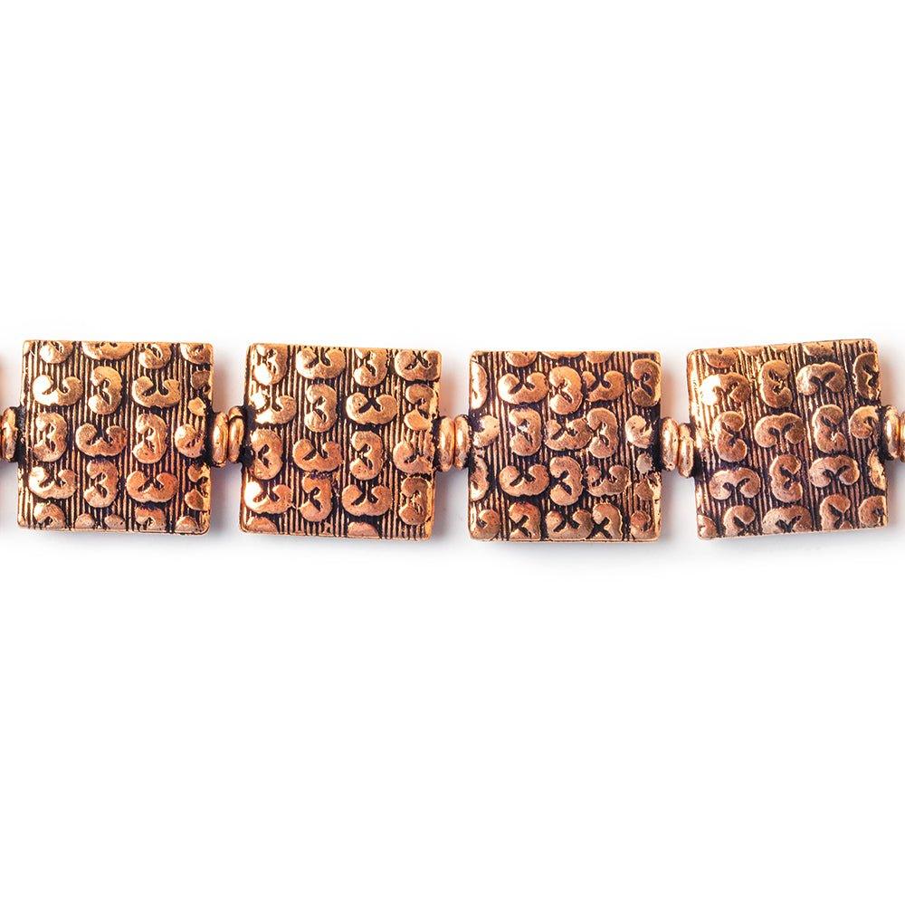12mm Antiqued Copper 3 Health, Wealth, Happiness Embossed Square Beads, 8 inch, 15 beads - The Bead Traders
