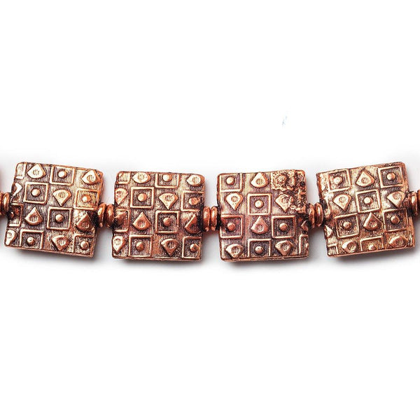 12mm Antiqued Copper Geometric Embossed Square Beads, 8 inch, 15 beads