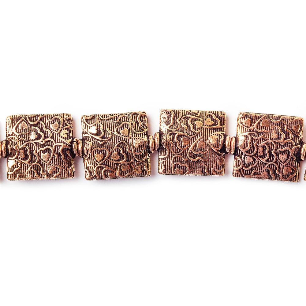 12mm Antiqued Copper Hearts Embossed Square Beads, 8 inch, 15 beads - The Bead Traders