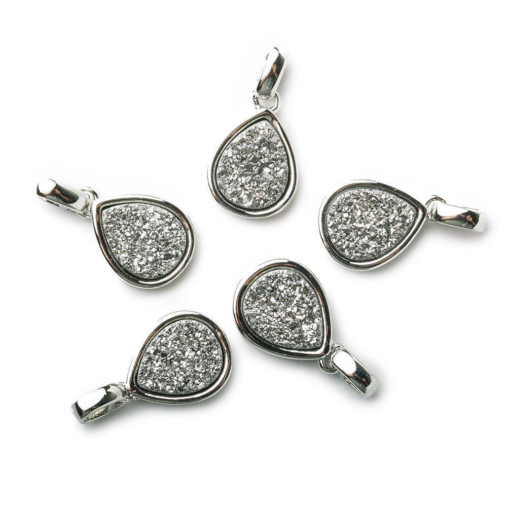 12x10mm Silvertone Bezel Metallic Silver Drusy Pear Pendant with Bail 1 piece - The Bead Traders