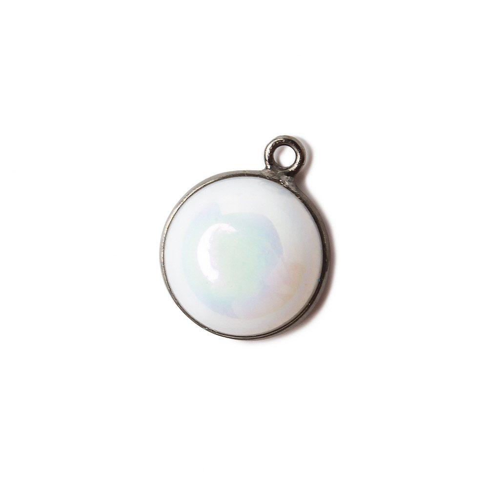 13mm Black Gold Bezel Mystic White Opal Coin Cabochon Pendant 1 piece - The Bead Traders