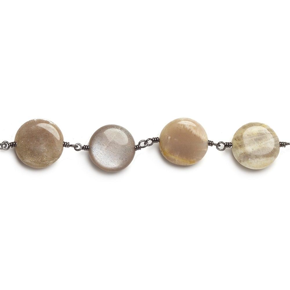 13mm Sunstone plain coin Black Gold Chain by the foot 15 beads - The Bead Traders