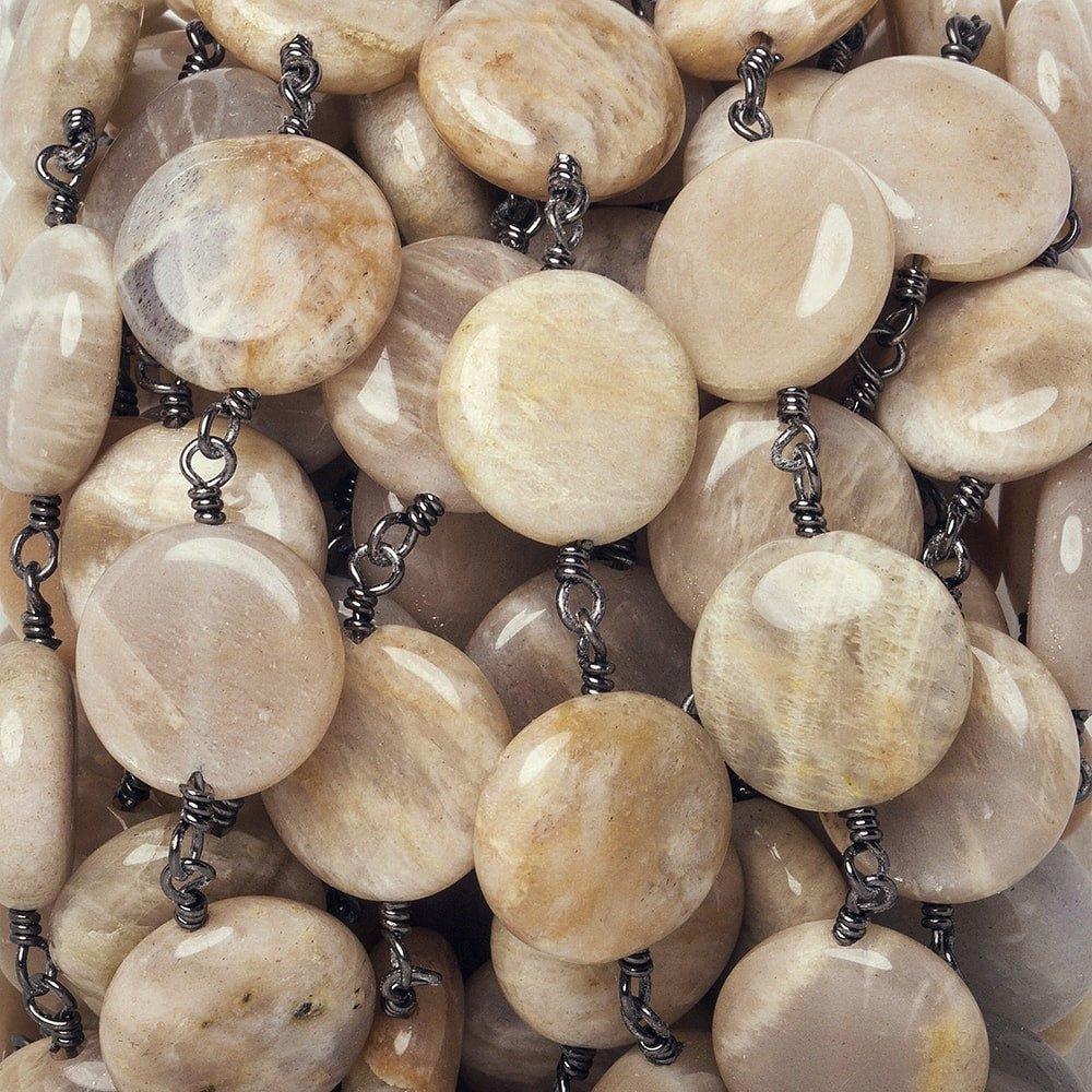 13mm Sunstone plain coin Black Gold Chain by the foot 15 beads - The Bead Traders