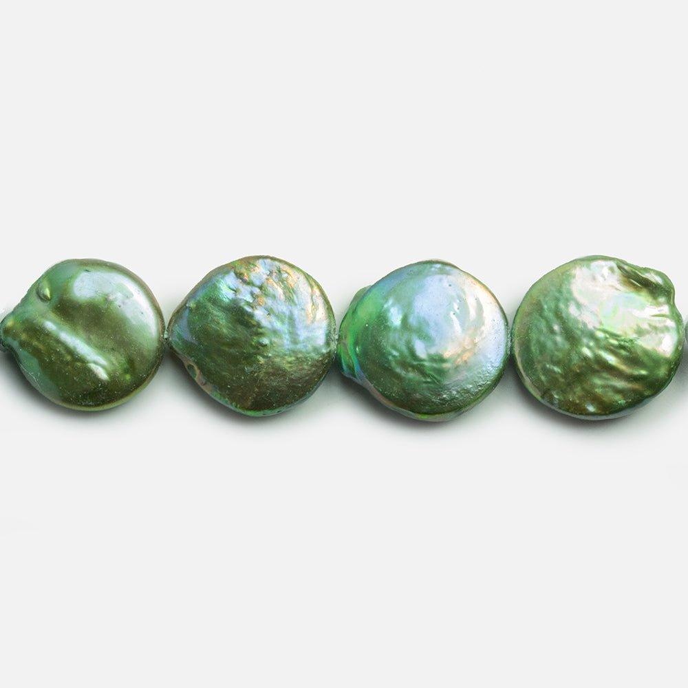 14-15mm Mermaid Green Freshwater Coin Pearls 15 inch 27 pieces - The Bead Traders