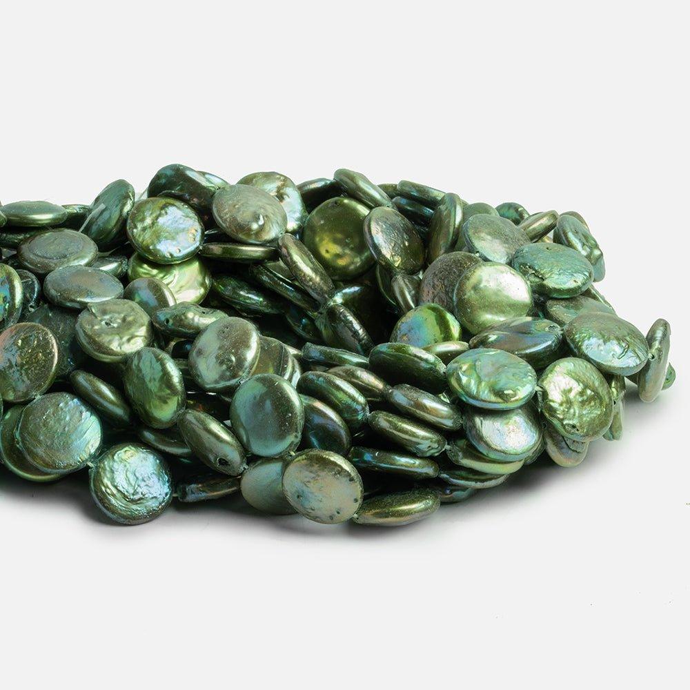 14-15mm Mermaid Green Freshwater Coin Pearls 15 inch 27 pieces - The Bead Traders