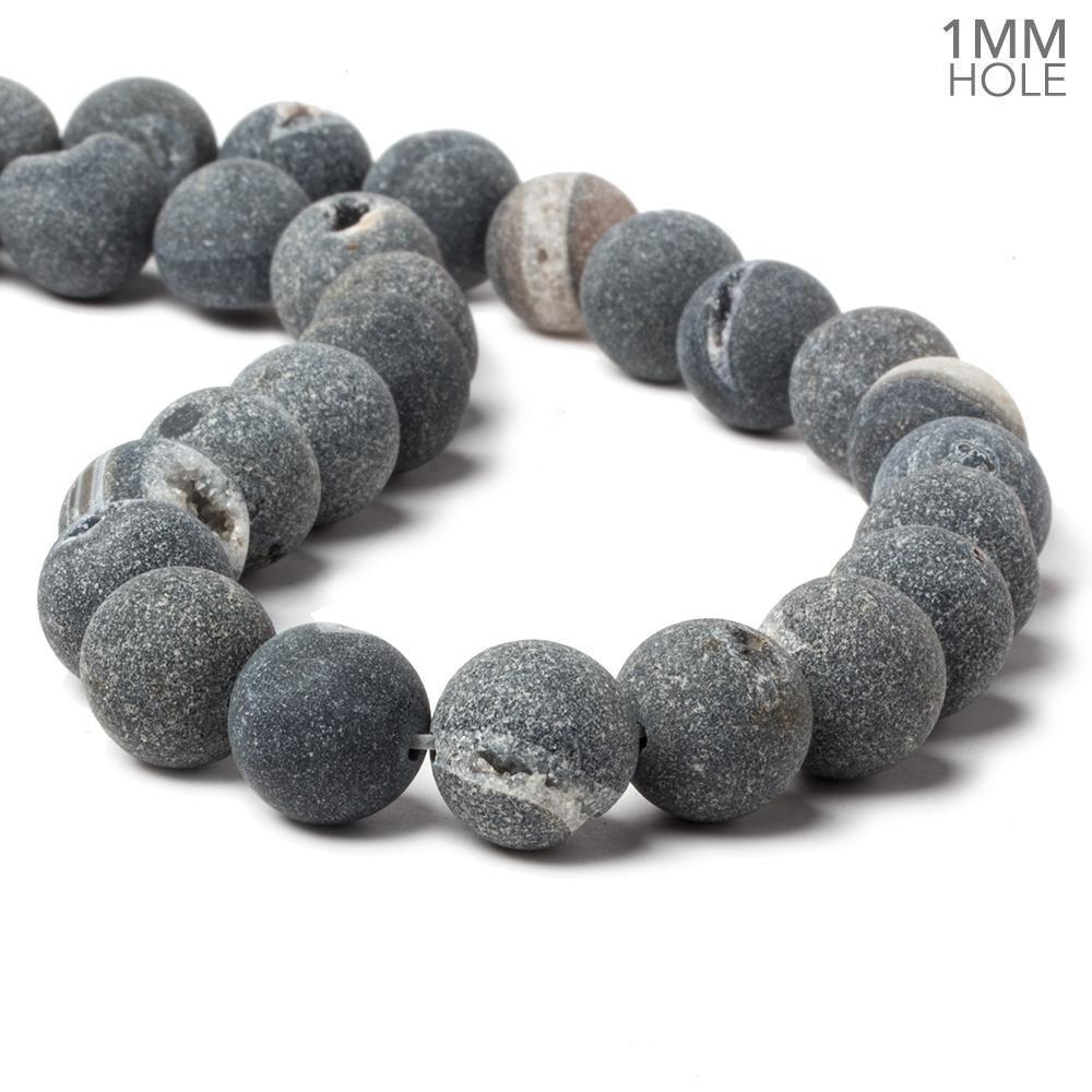 14mm Matte Black Agate with Drusy plain round beads 15.5 inch 28 pieces - The Bead Traders