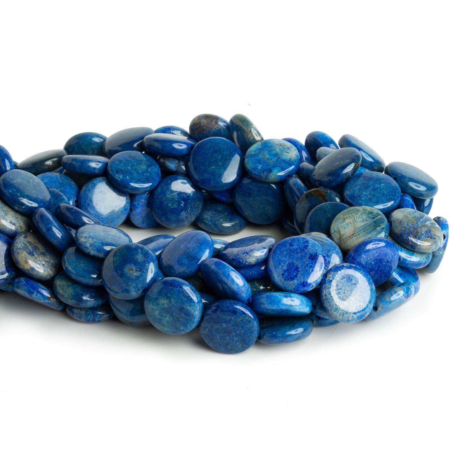 15mm Blue Fossil Coral Coins 15 inch 25 beads - The Bead Traders