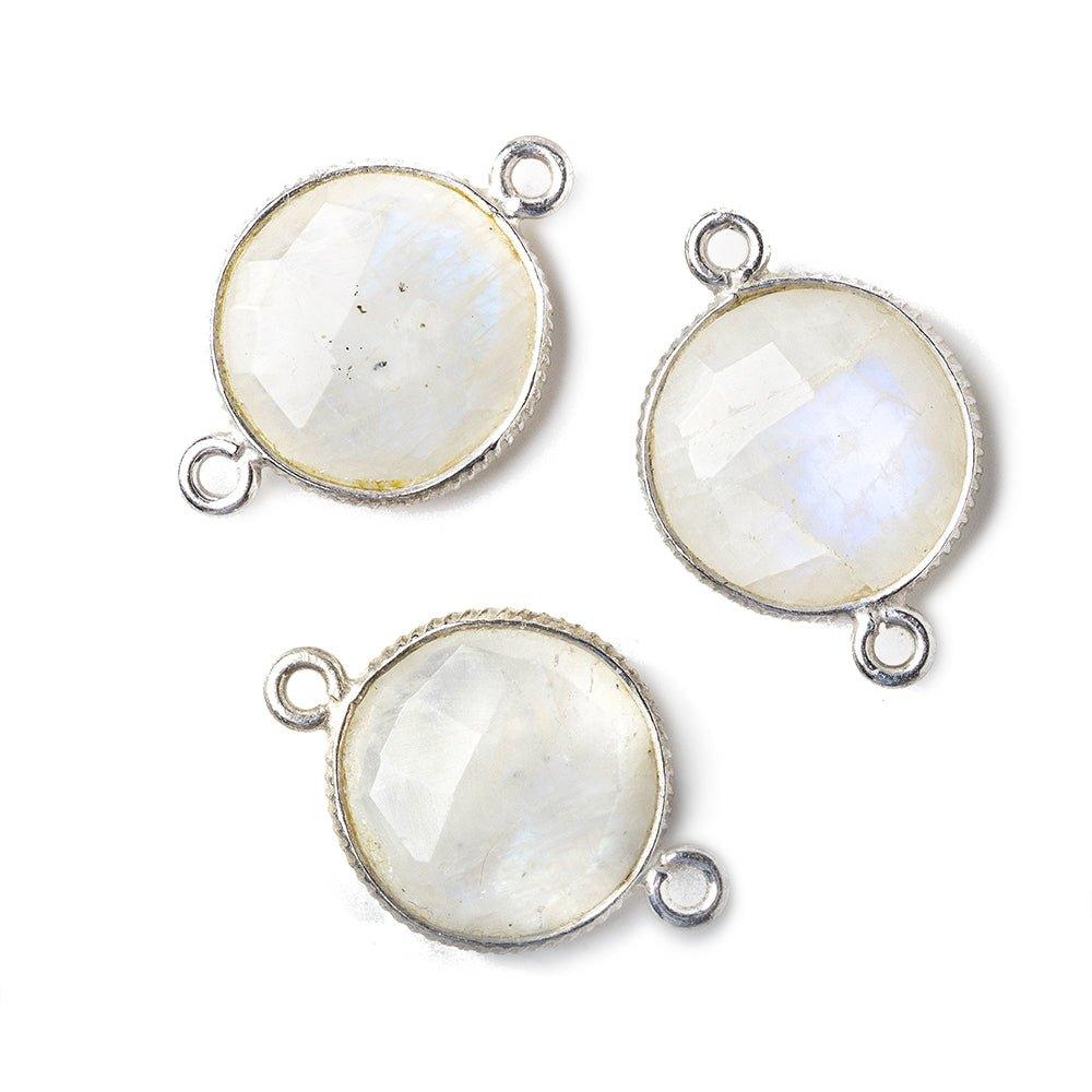 15mm Silver .925 Corrugated Bezel Rainbow Moonstone Coin 2 ring Connector 1 pc - The Bead Traders