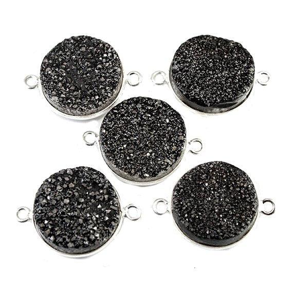15mm Silver Bezeled Black Drusy Coin Connector Focal Bead 1 bead - The Bead Traders