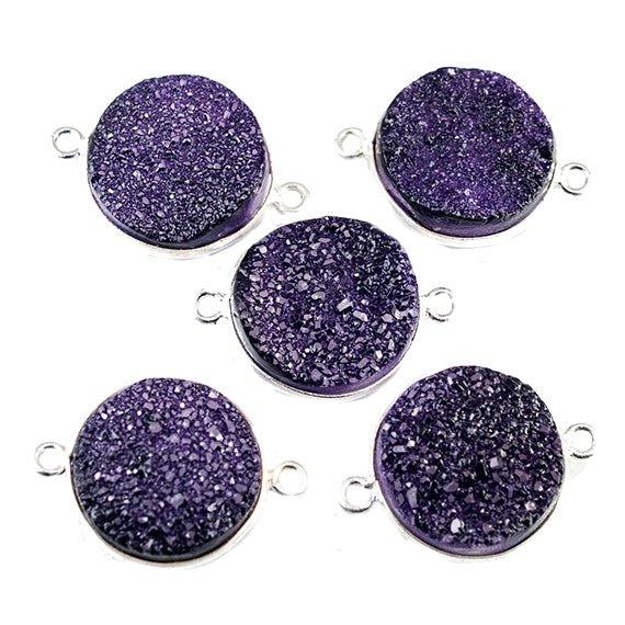 15mm Silver Bezeled Grape Purple Drusy Coin Connector Focal Bead 1 bead - The Bead Traders