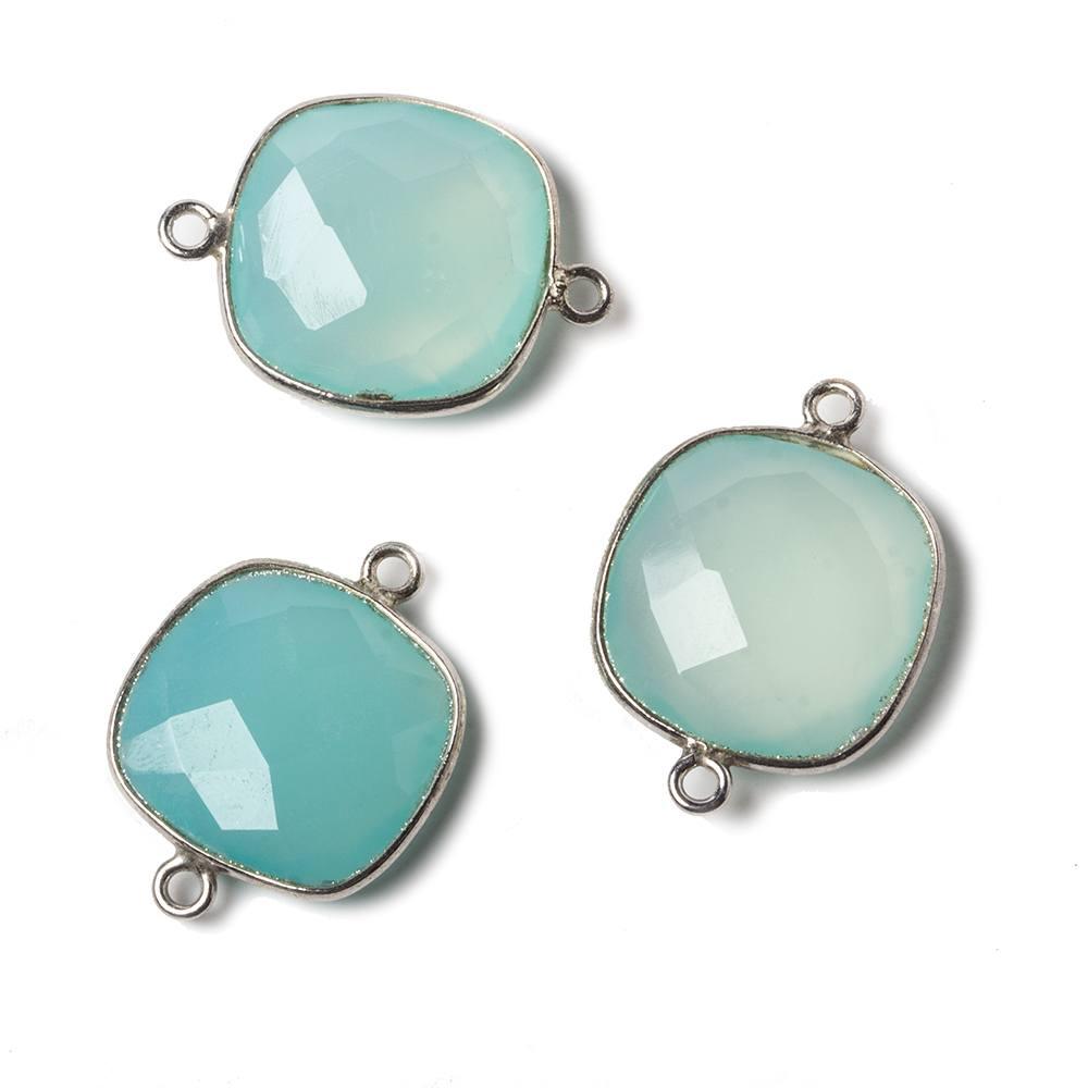 16mm Aqua Chalcedony Cushion .925 Silver Bezel Connector 2 ring charm, 1 piece - The Bead Traders