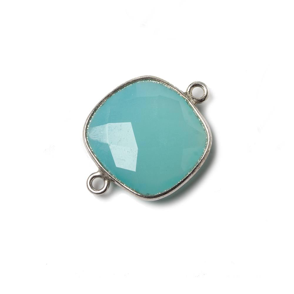 16mm Aqua Chalcedony Cushion .925 Silver Bezel Connector 2 ring charm, 1 piece - The Bead Traders
