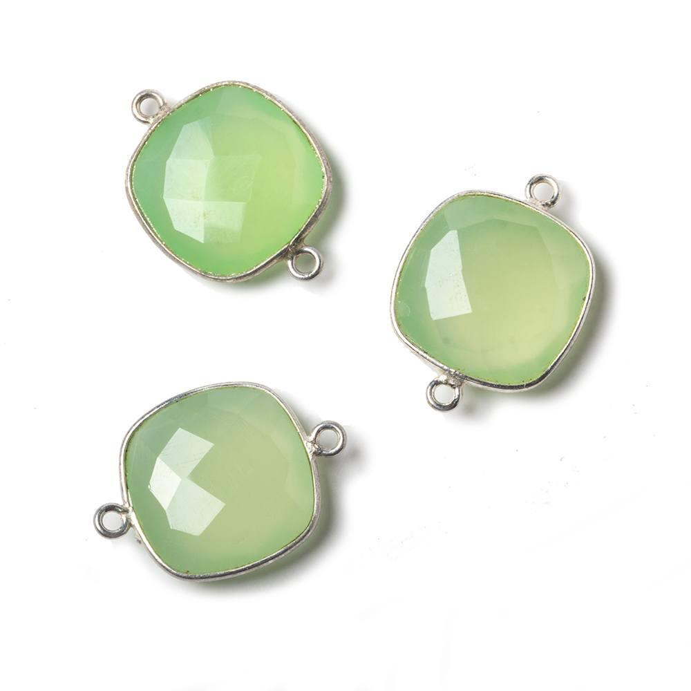 16mm Lime Green Chalcedony Cushion .925 Silver Bezel Connector 2 ring charm, 1 piece - The Bead Traders