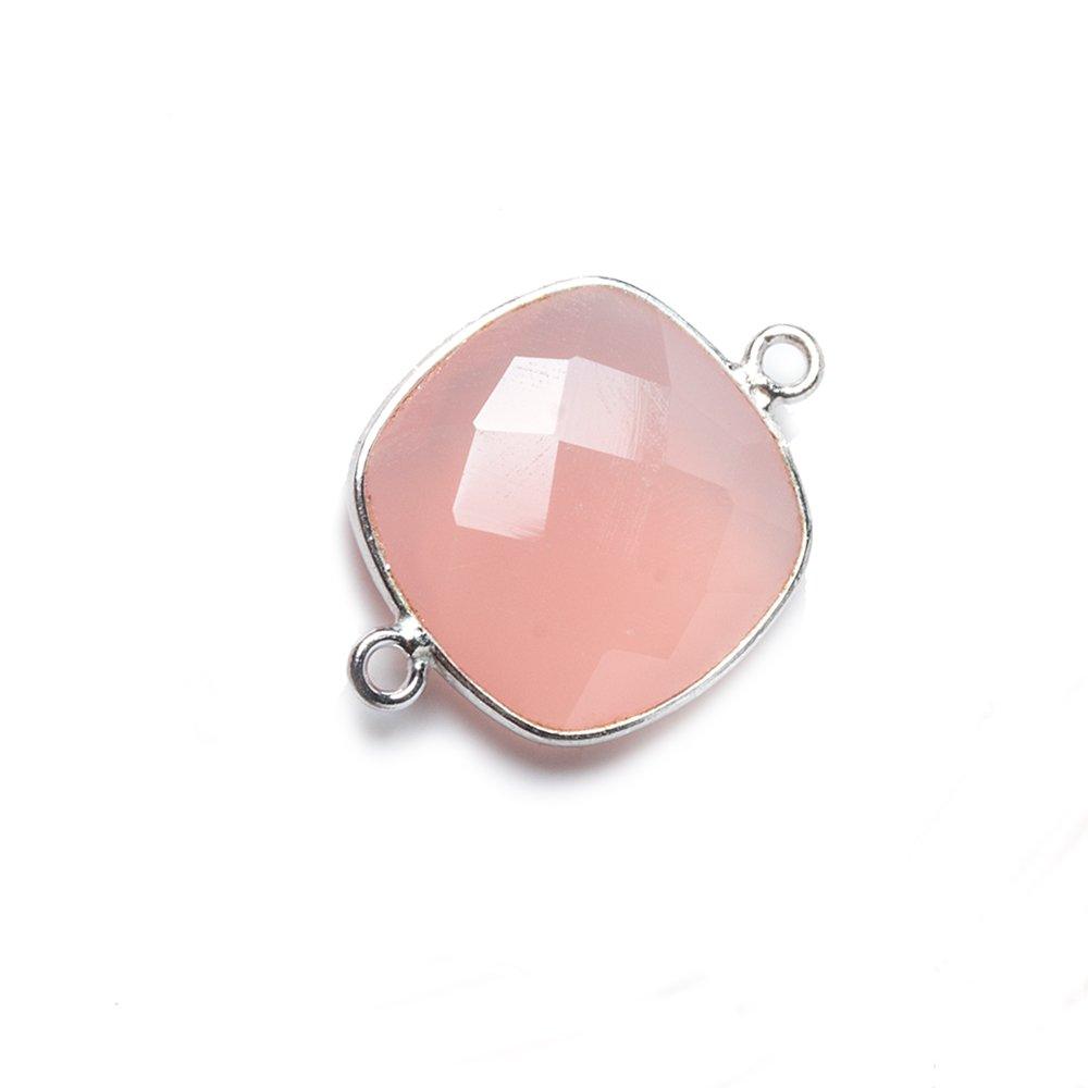 16mm Petal Pink Chalcedony Cushion .925 Silver Bezel Connector 2 ring charm, 1 piece - The Bead Traders