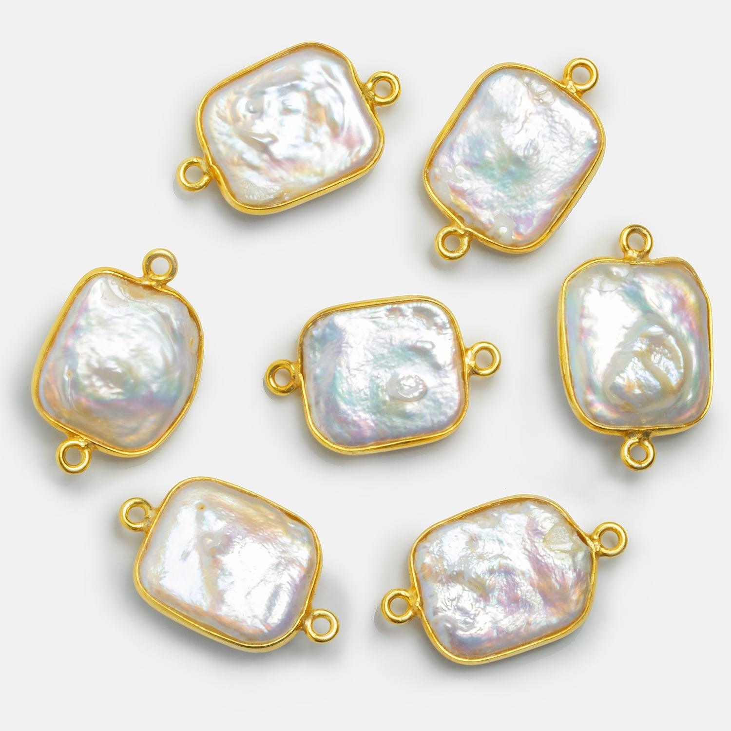 17x15mm Vermeil Bezeled Pinkish White Rectangle Pearl Connector 1 Piece - The Bead Traders