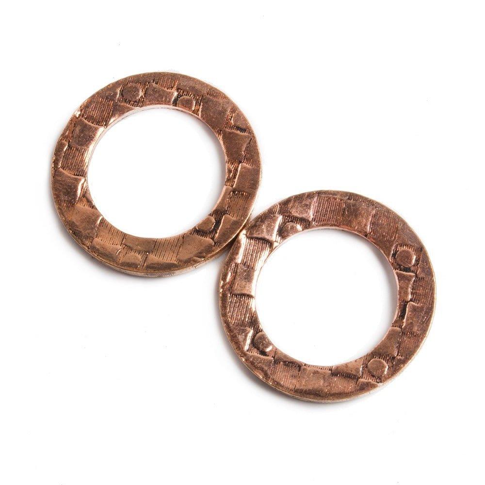 18mm Copper Ring Set of 2 pieces Embossed Dot & Square Pattern - The Bead Traders
