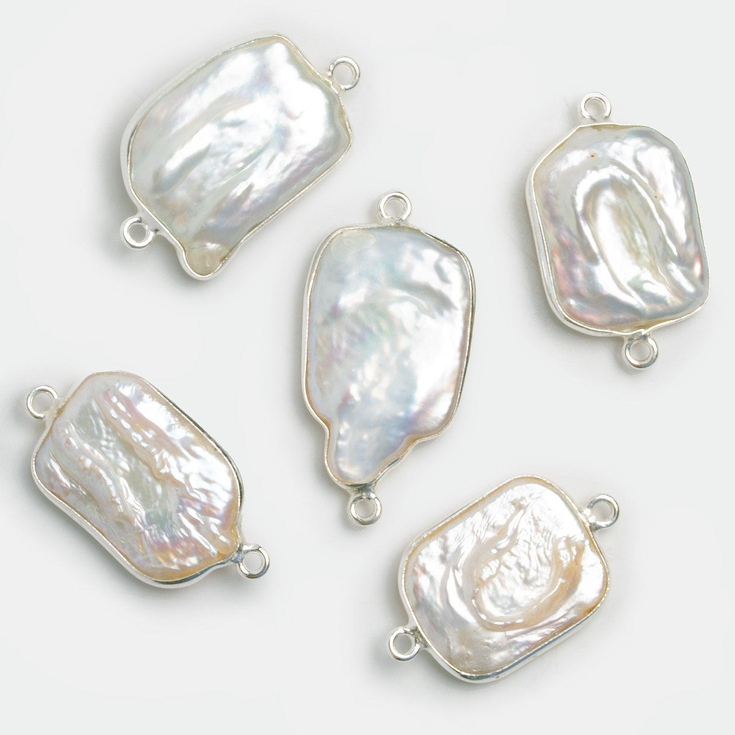 20x16mm Silver Bezeled White Rectangle Pearl Connector 1 Piece - The Bead Traders