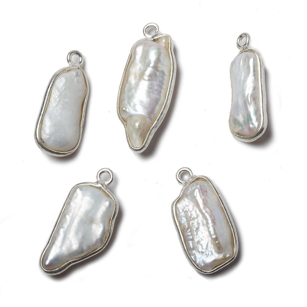 21x8mm Silver Bezeled Off White Biwa Pearl Pendant 1 piece - The Bead Traders