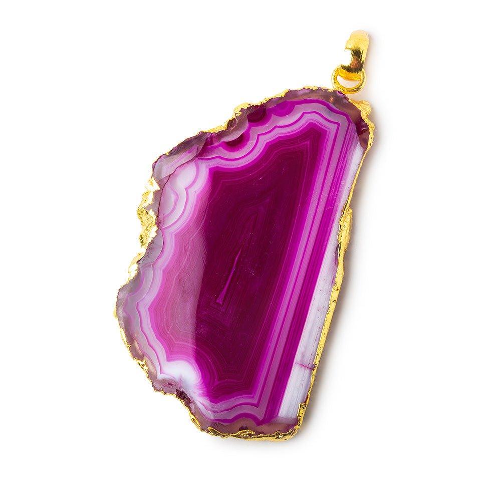 2.25x1.25 inch Gold Leafed Hot Pink Agate Slice Focal bead Bailed Pendant 1 piece - The Bead Traders