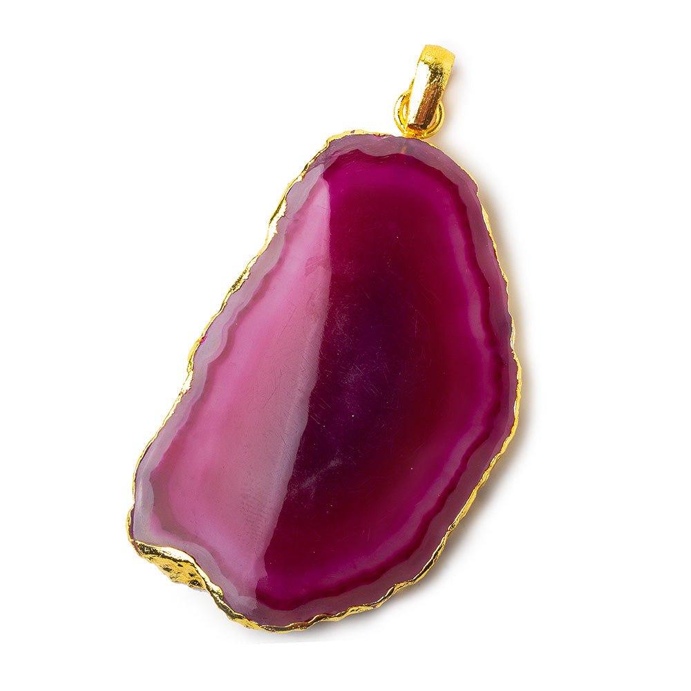 2.25x1.5 inch Gold Leafed Hot Pink Agate Slice Focal bead Bailed Pendant 1 piece - The Bead Traders