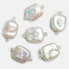 24x14mm Silver Bezeled Pinkish White Rectangle Pearl Connector 1 Piece - The Bead Traders