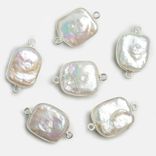 24x14mm Silver Bezeled Pinkish White Rectangle Pearl Connector 1 Piece