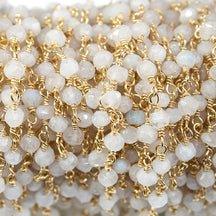 2.5-3mm Rainbow Moonstone Gold Plated Wire Wrapped Rosary Chain by the foot - The Bead Traders