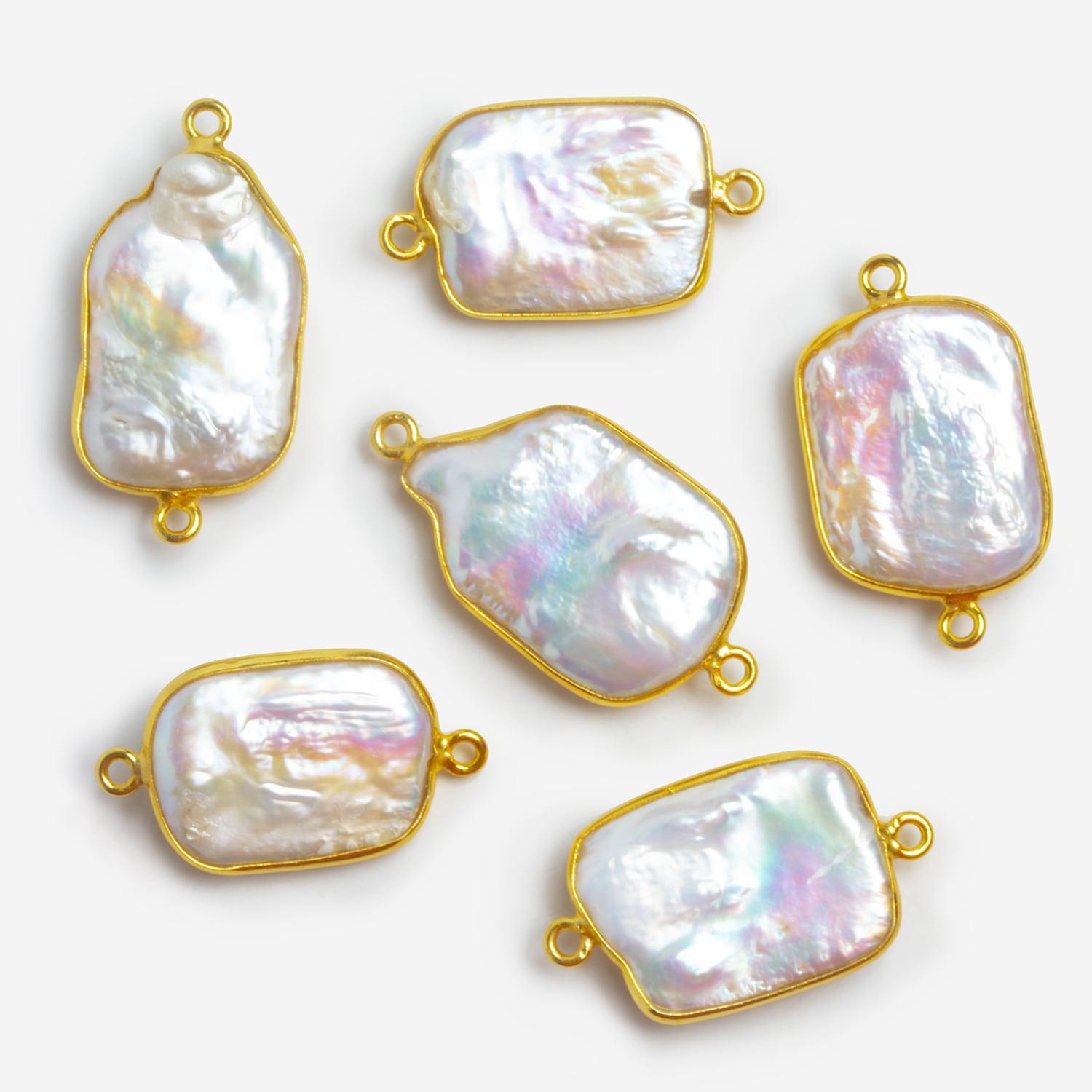 26x16mm Vermeil Bezeled Pinkish White Rectangle Pearl Connector 1 Piece - The Bead Traders