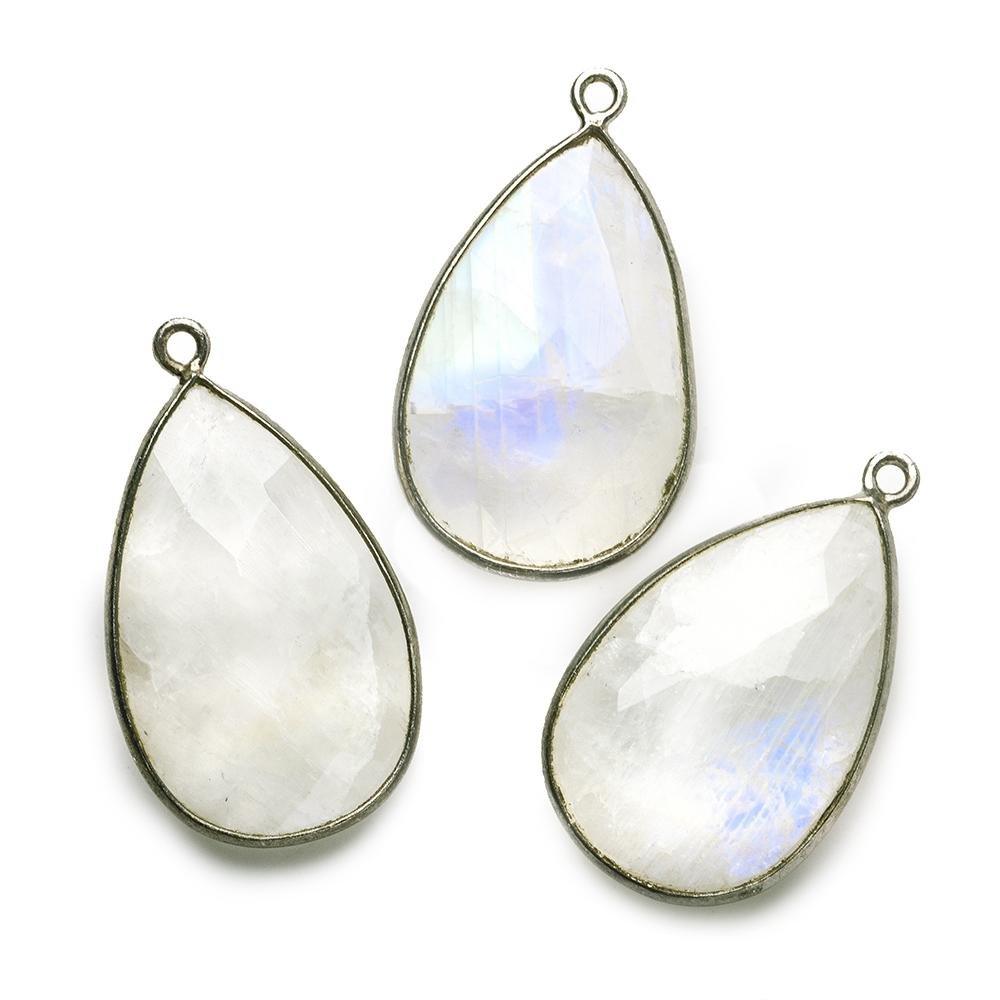 26x17mm Black Gold .925 bezel Rainbow Moonstone Faceted Pear Pendant 1 focal bead - The Bead Traders